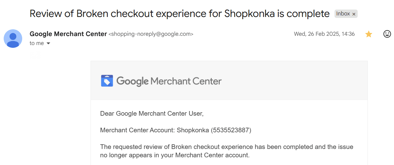 Google reinstatement confirmation: Shopkonka — Broken checkout experience review complete