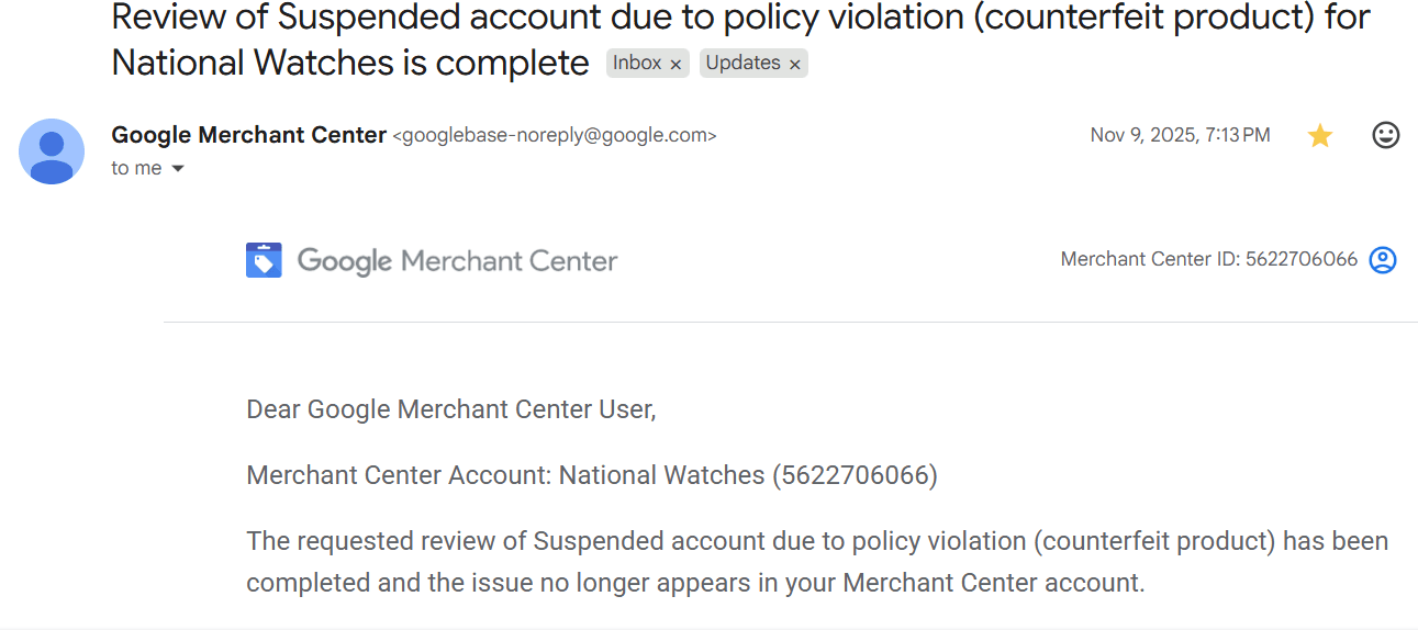 Google reinstatement confirmation: National Watches — Suspended account (counterfeit product) review complete