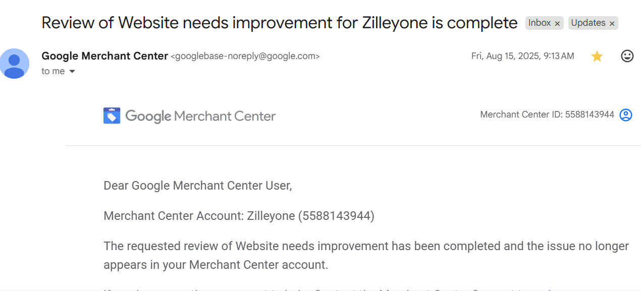 Google reinstatement confirmation: Zilleyone — Website needs improvement review complete