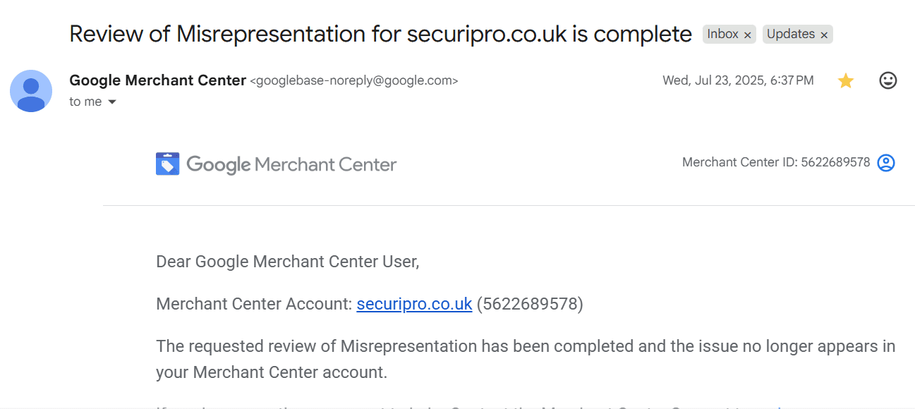 Google reinstatement confirmation: securipro.co.uk — Misrepresentation review complete