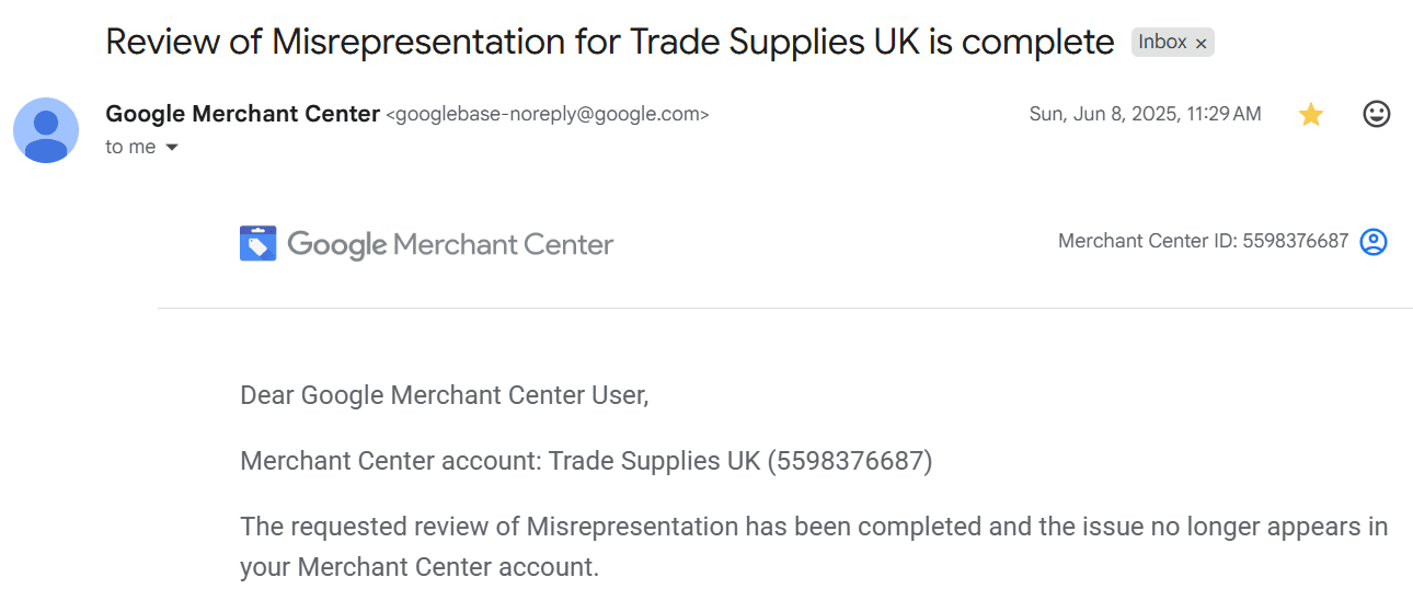 Google reinstatement confirmation: Trade Supplies UK — Misrepresentation review complete