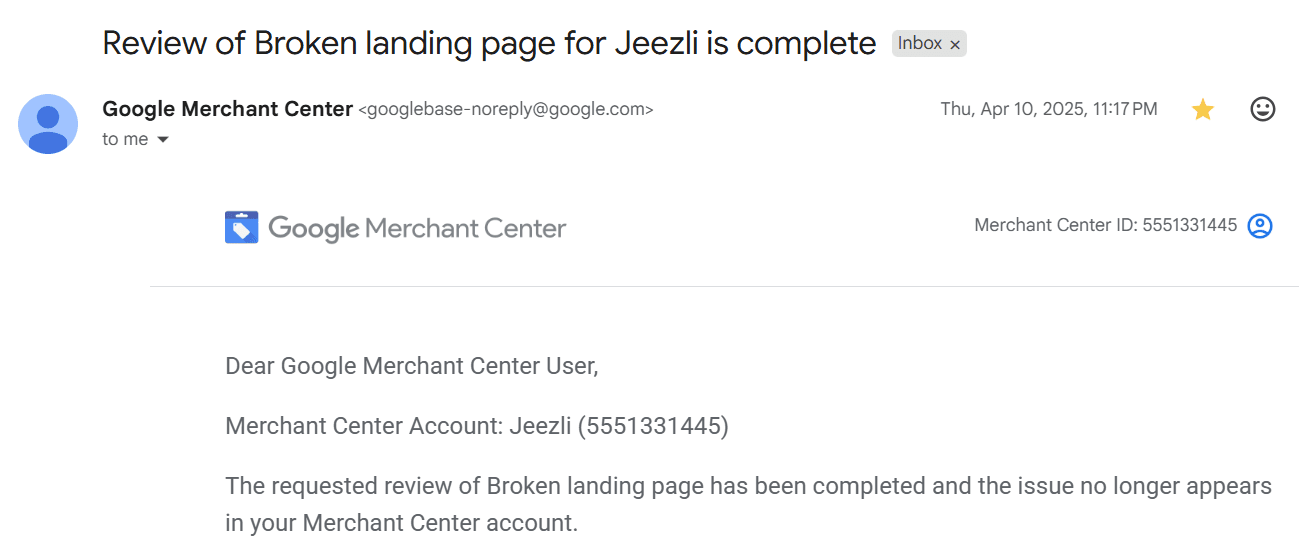 Google reinstatement confirmation: Jeezli — Broken landing page review complete