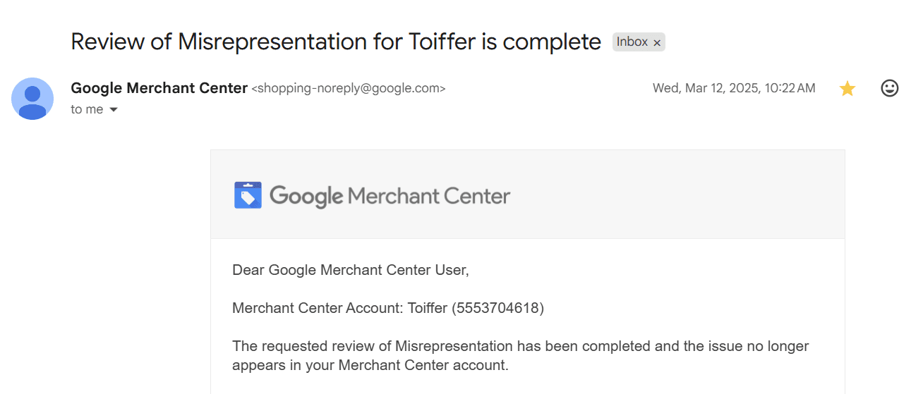 Google reinstatement confirmation: Toiffer — Misrepresentation review complete