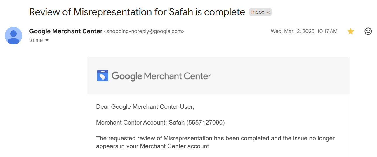 Google reinstatement confirmation: Safah — Misrepresentation review complete