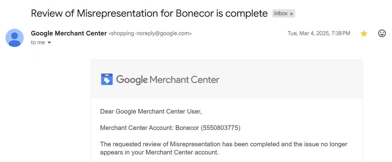 Google reinstatement confirmation: Bonecor — Misrepresentation review complete