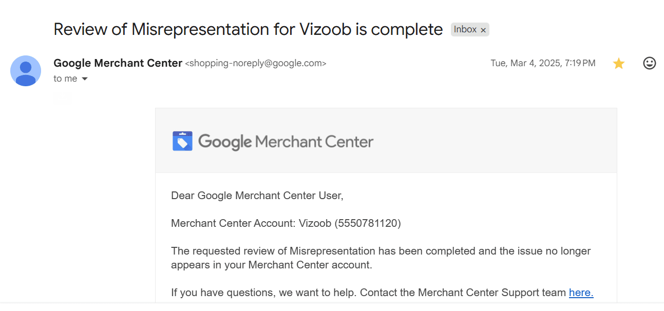 Google reinstatement confirmation: Vizoob — Misrepresentation review complete