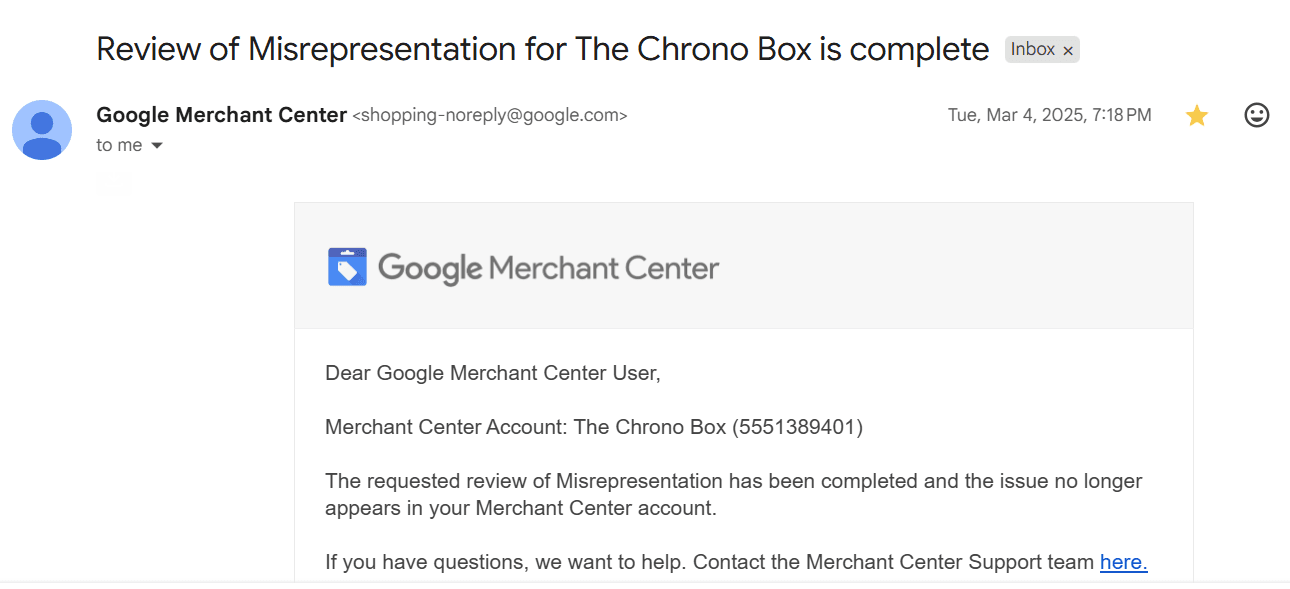 Google reinstatement confirmation: The Chrono Box — Misrepresentation review complete
