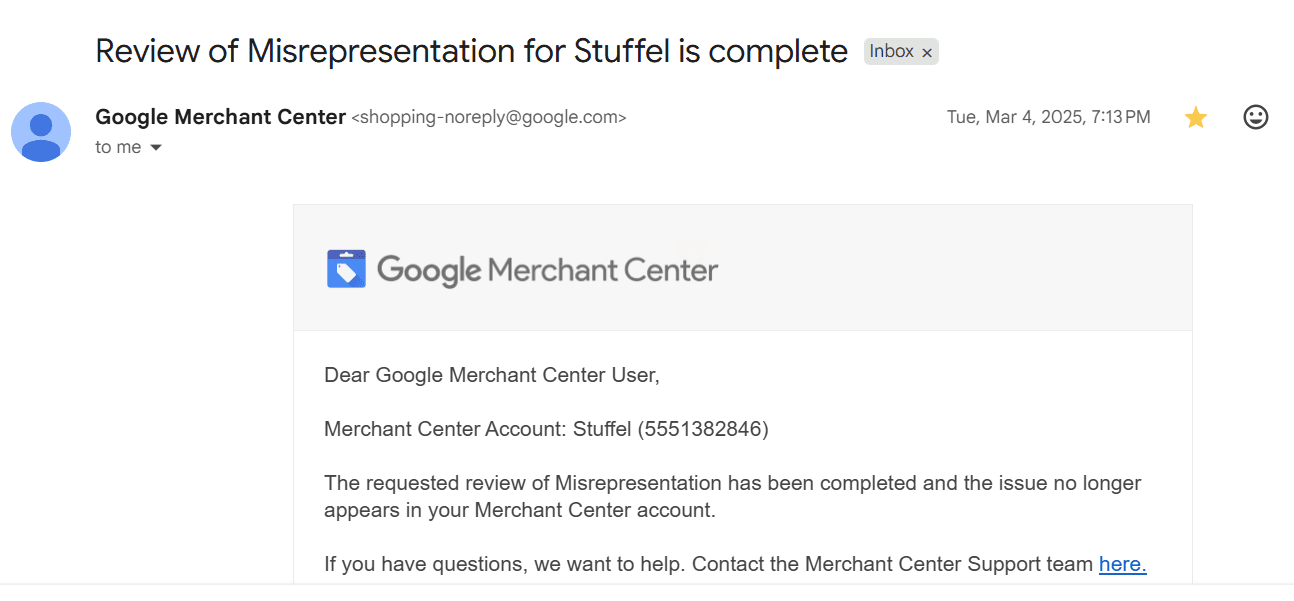 Google reinstatement confirmation: Stuffel — Misrepresentation review complete