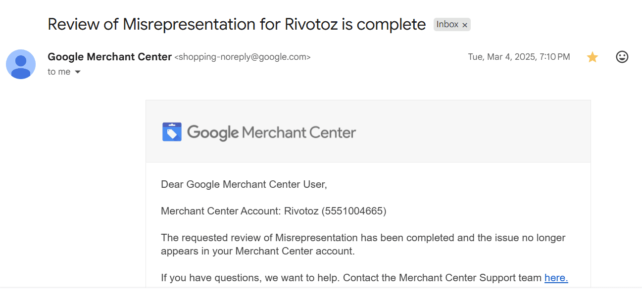 Google reinstatement confirmation: Rivotoz — Misrepresentation review complete