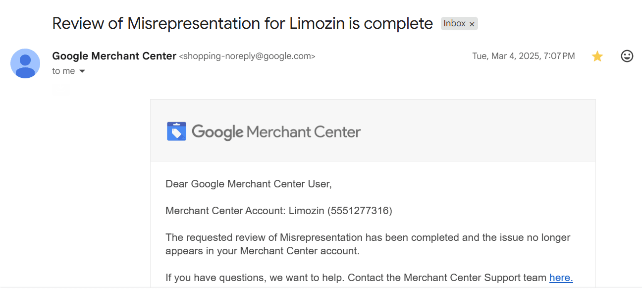 Google reinstatement confirmation: Limozin — Misrepresentation review complete