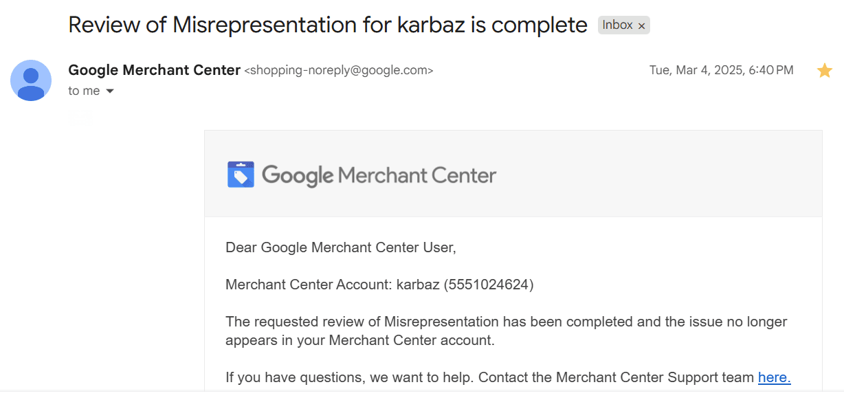 Google reinstatement confirmation: karbaz — Misrepresentation review complete