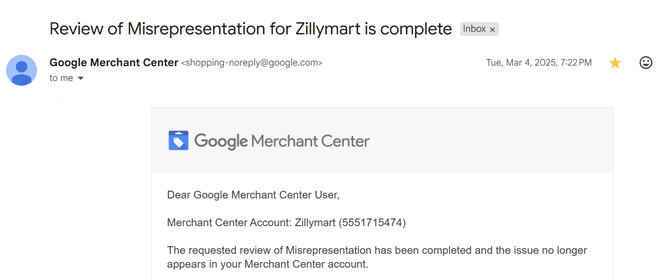 Google reinstatement confirmation: Zillymart — Misrepresentation review complete