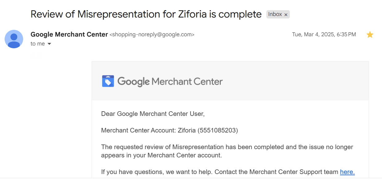 Google reinstatement confirmation: Ziforia — Misrepresentation review complete