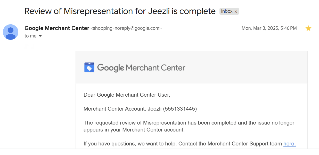 Google reinstatement confirmation: Jeezli — Misrepresentation review complete