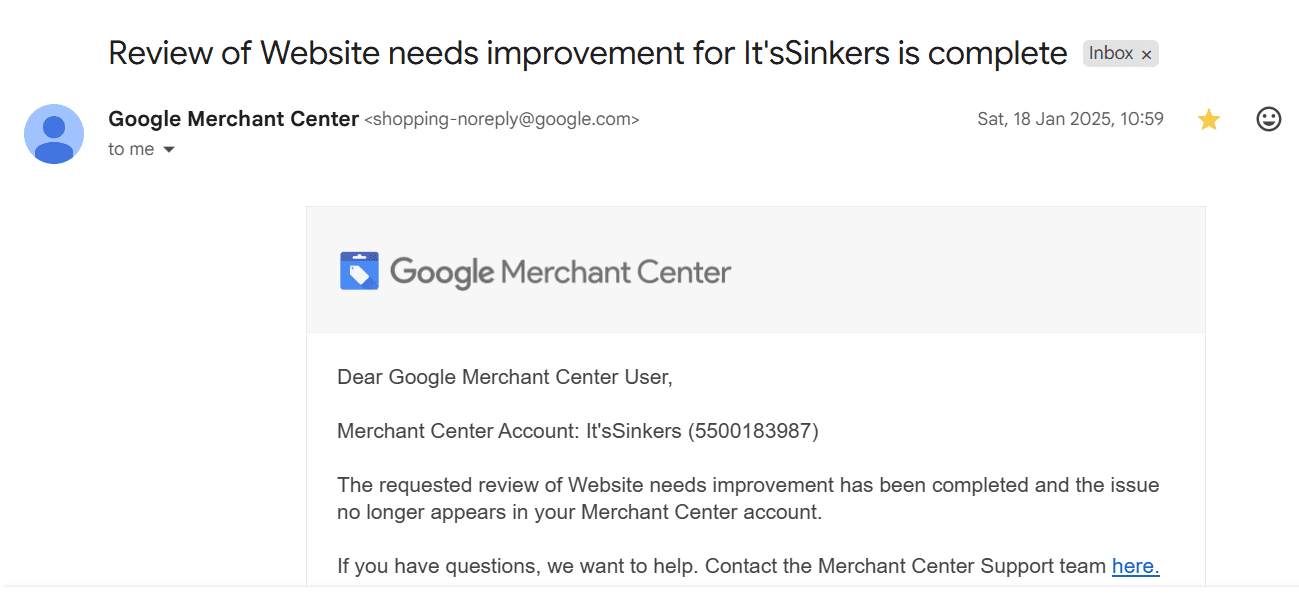 Google reinstatement confirmation: It'sSinkers — Website needs improvement review complete
