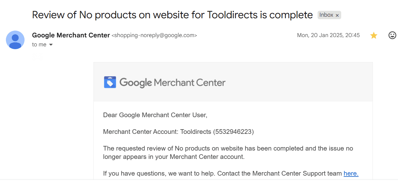 Google reinstatement confirmation: Tooldirects — No products on website review complete