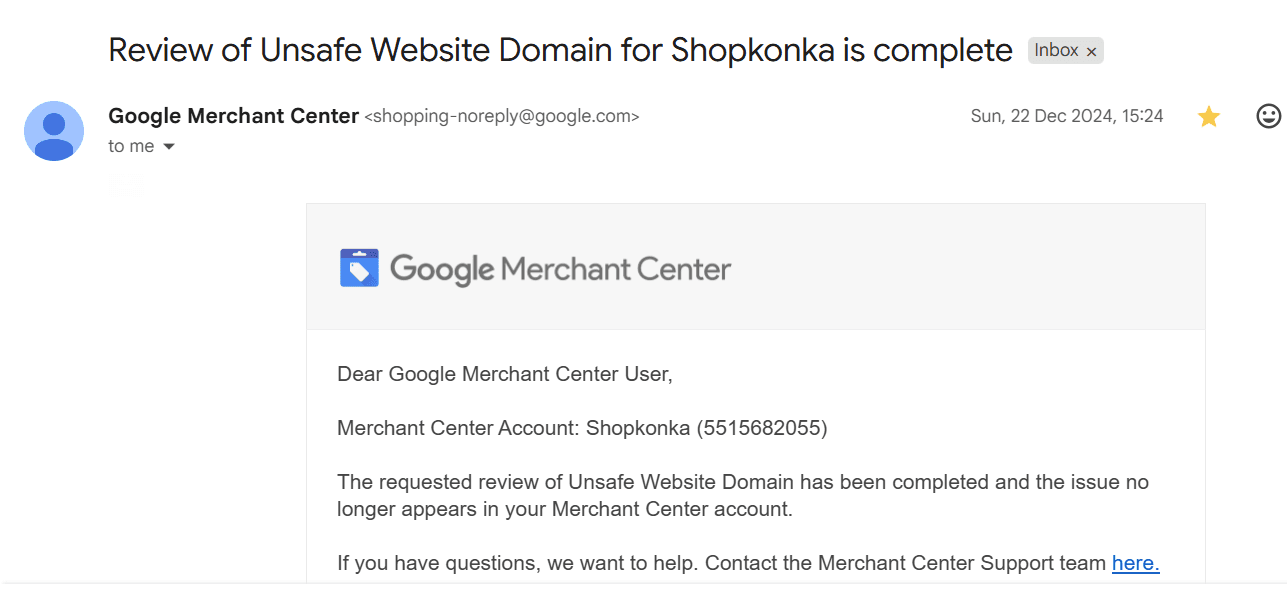 Google reinstatement confirmation: Shopkonka — Unsafe Website Domain review complete