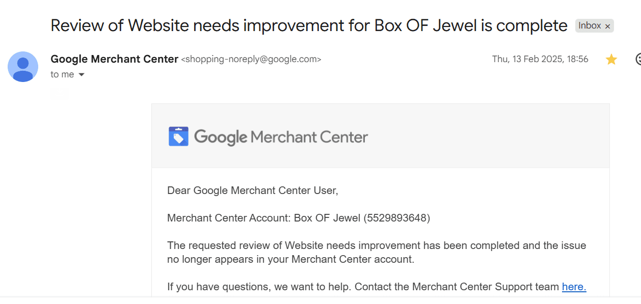 Google reinstatement confirmation: Box OF Jewel — Website needs improvement review complete