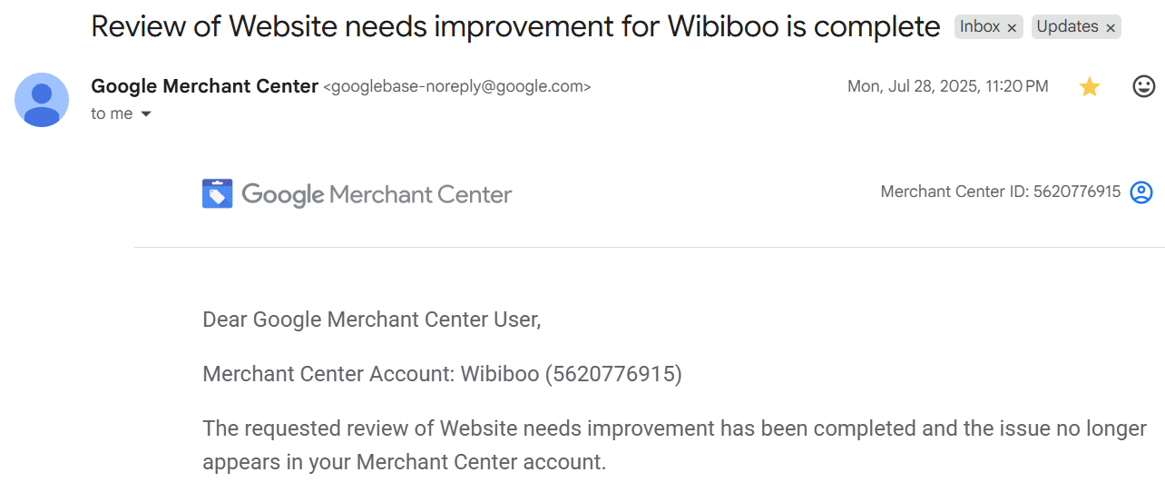 Google reinstatement confirmation: Wibiboo — Website needs improvement review complete