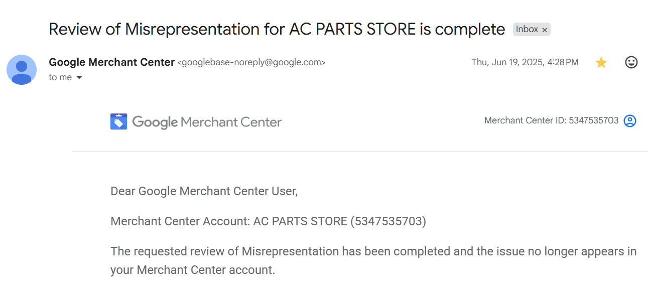 Google reinstatement confirmation: AC PARTS STORE — Misrepresentation review complete